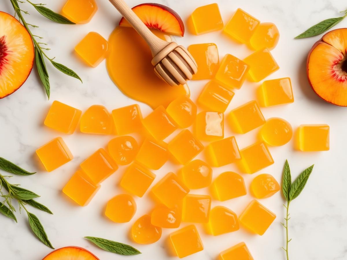 Peach Honey CBD gummies laid out with honey, honeycomb and fresh peach slices