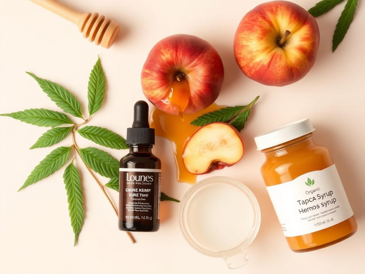 Hemp extract, honey, peaches and organic syrup laid out as Peach Honey CBD Gummies ingredients