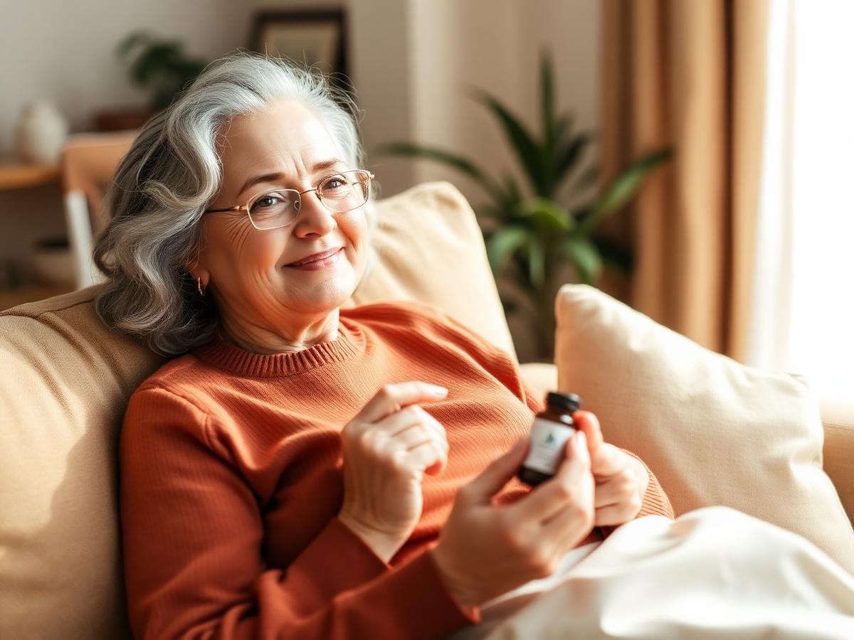 Woman relaxing at home holding a supplement bottle after taking her daily CBD gummy